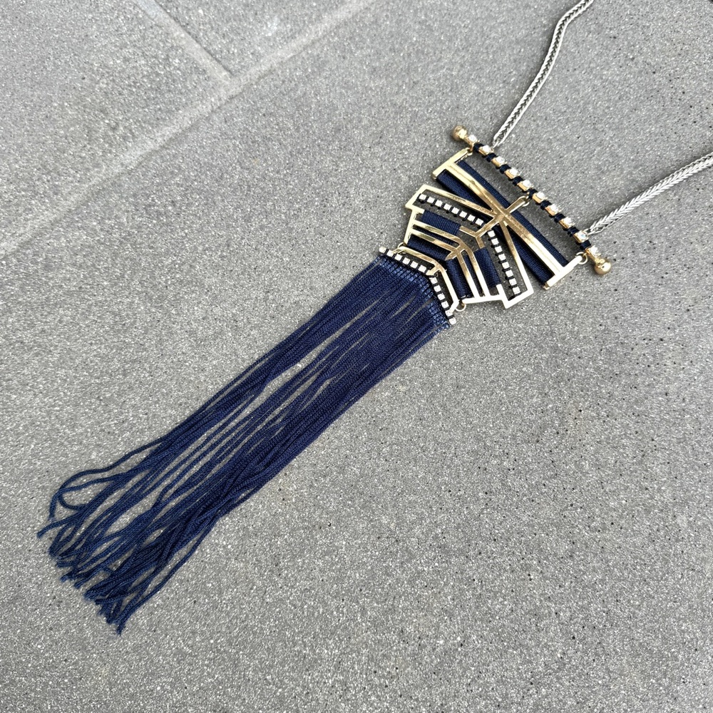 NORDSTROM statement necklace gold NAVY TASSELS silver rhinestones big bib long - Picture 8 of 9